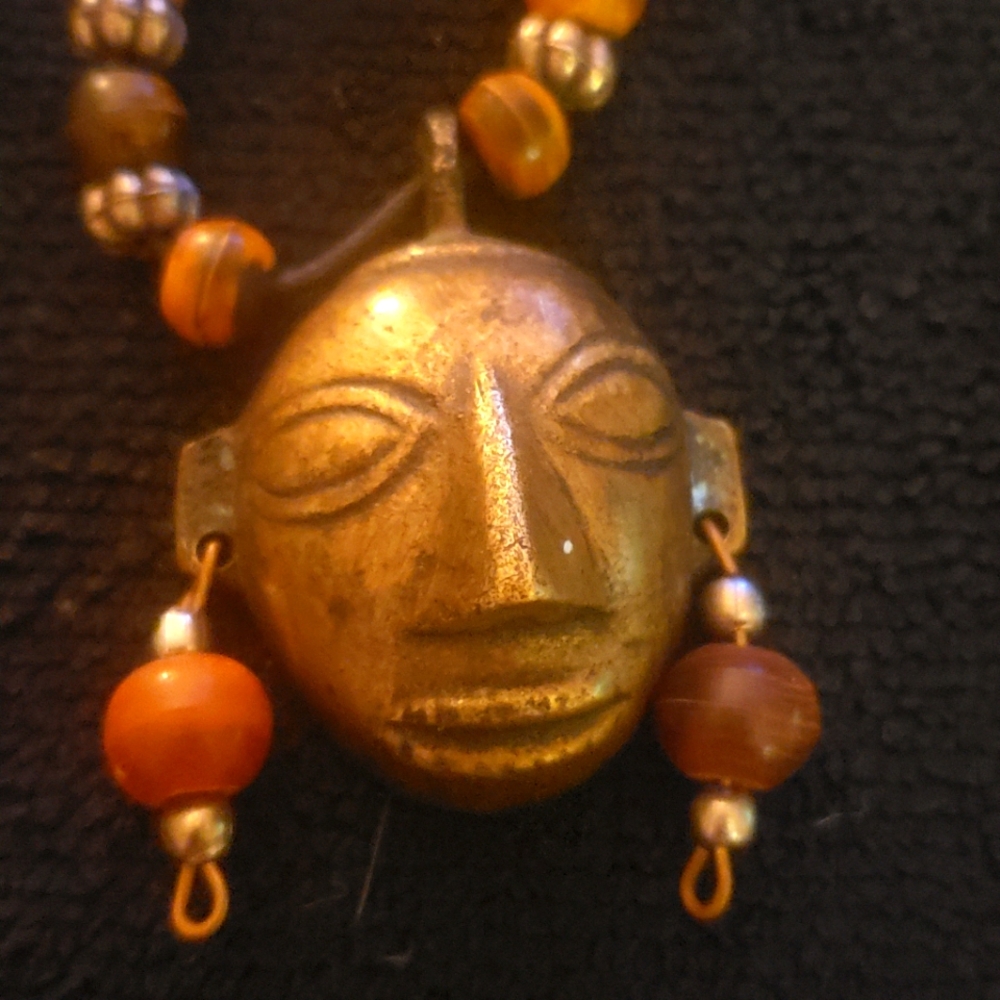 RARE African Tribal Bronze or Brass Mask Necklace Wood Beads.  VTG MOMA Museum.